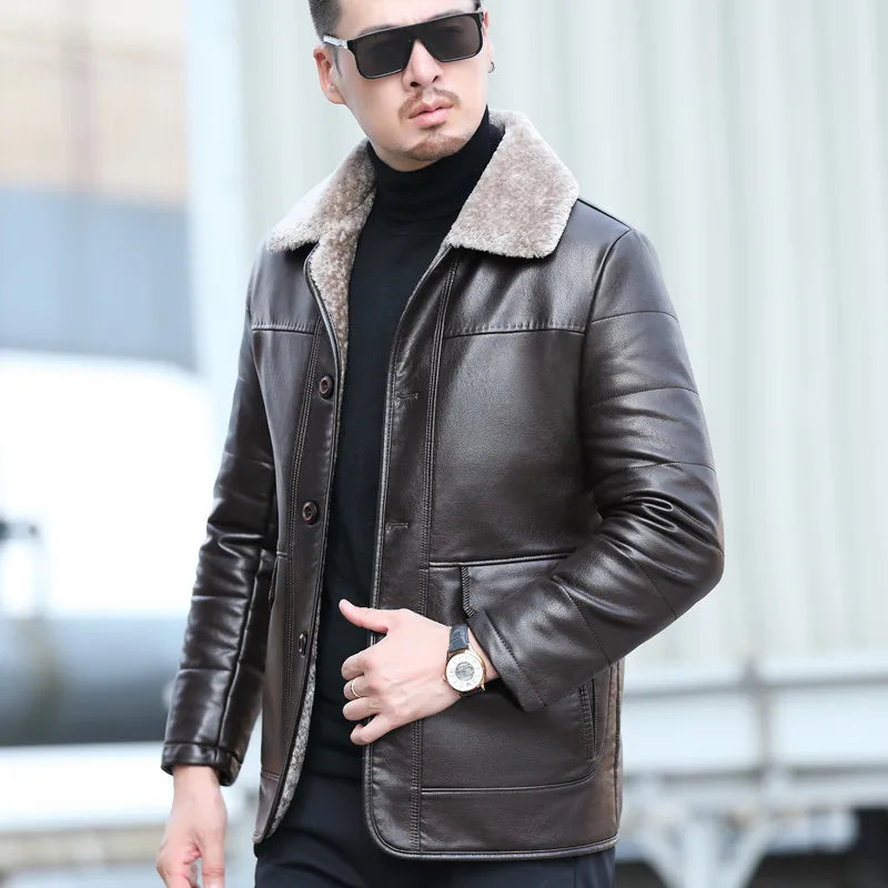 Men's Autumn and Winter Sheepskin Casual Lapel