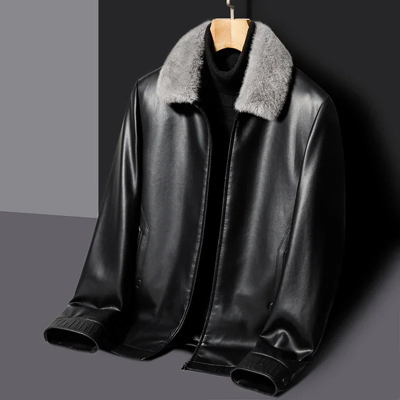 Winter Haining Leather Jacket Men's Genuine Leather down Jacket  Winter New Casual Fur Collar Men's Clothing Coat Leather Jacket